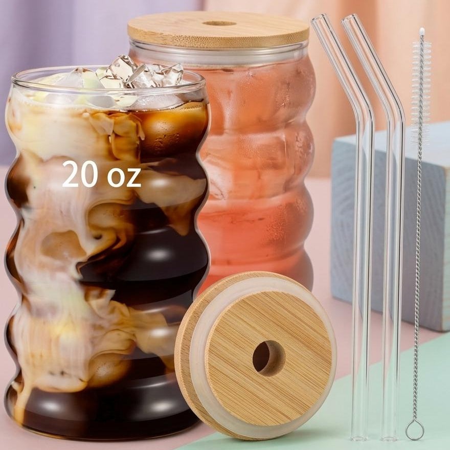 SET DE 2 VASOS DE VIDRIO CON 5 ONDAS DE TAPA MADERA Y PITILLO