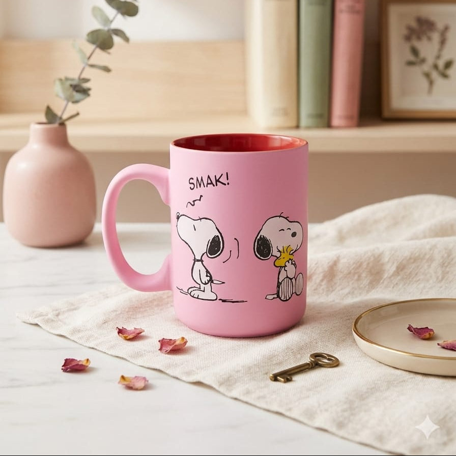 TAZA DE SNOOPY ROSADA CON CORAZONES