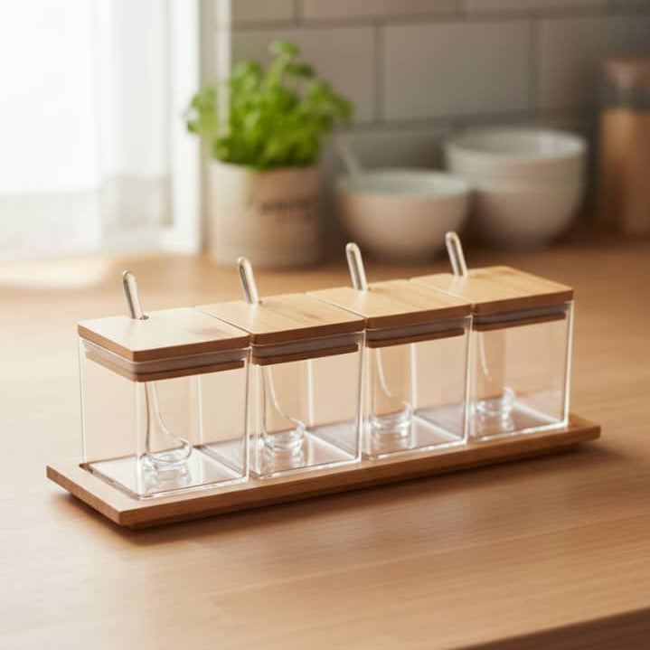 SET DE 4 CONDIMENTEROS ACRILICOS TAPA BAMBÚ RECTANGULAR CON TABLITA