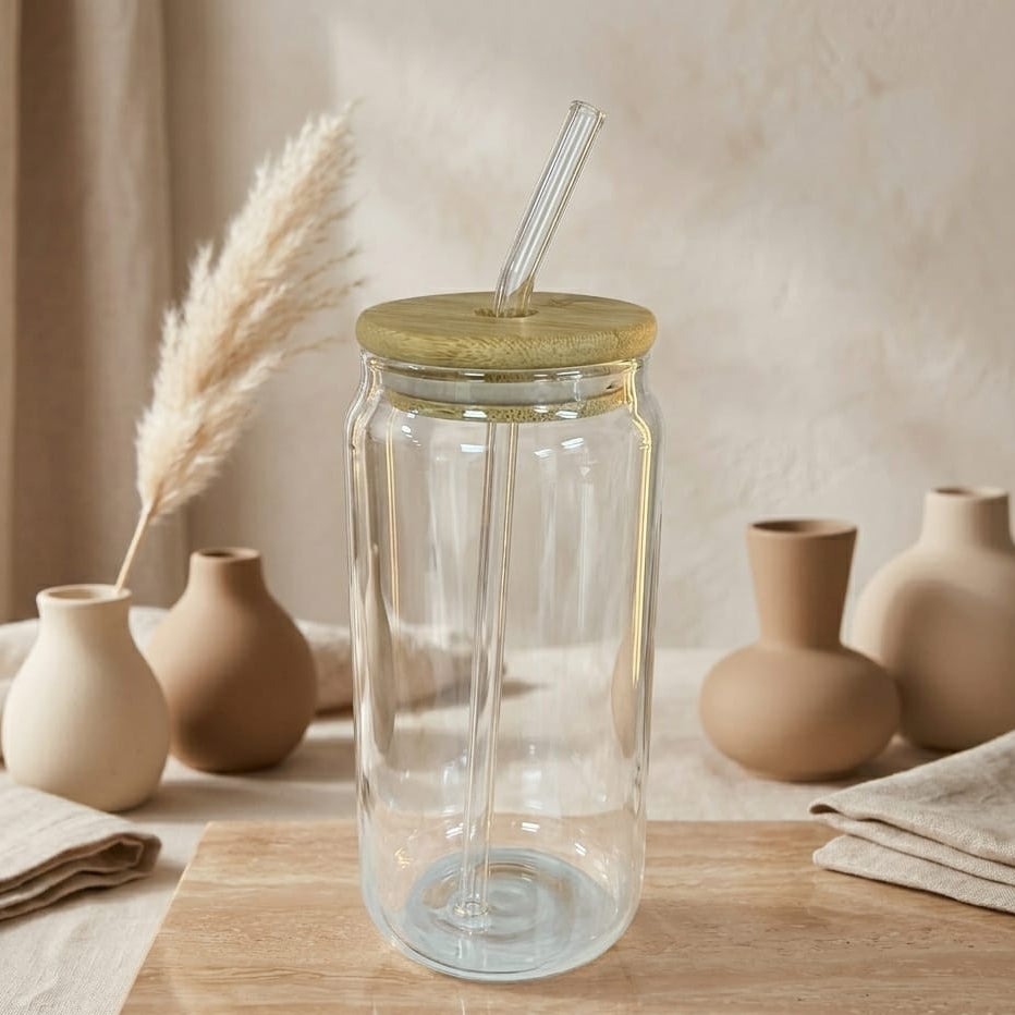 VASO DE VIDRIO REDONDO CON TAPA DE MADERA Y PITILLO GRANDE