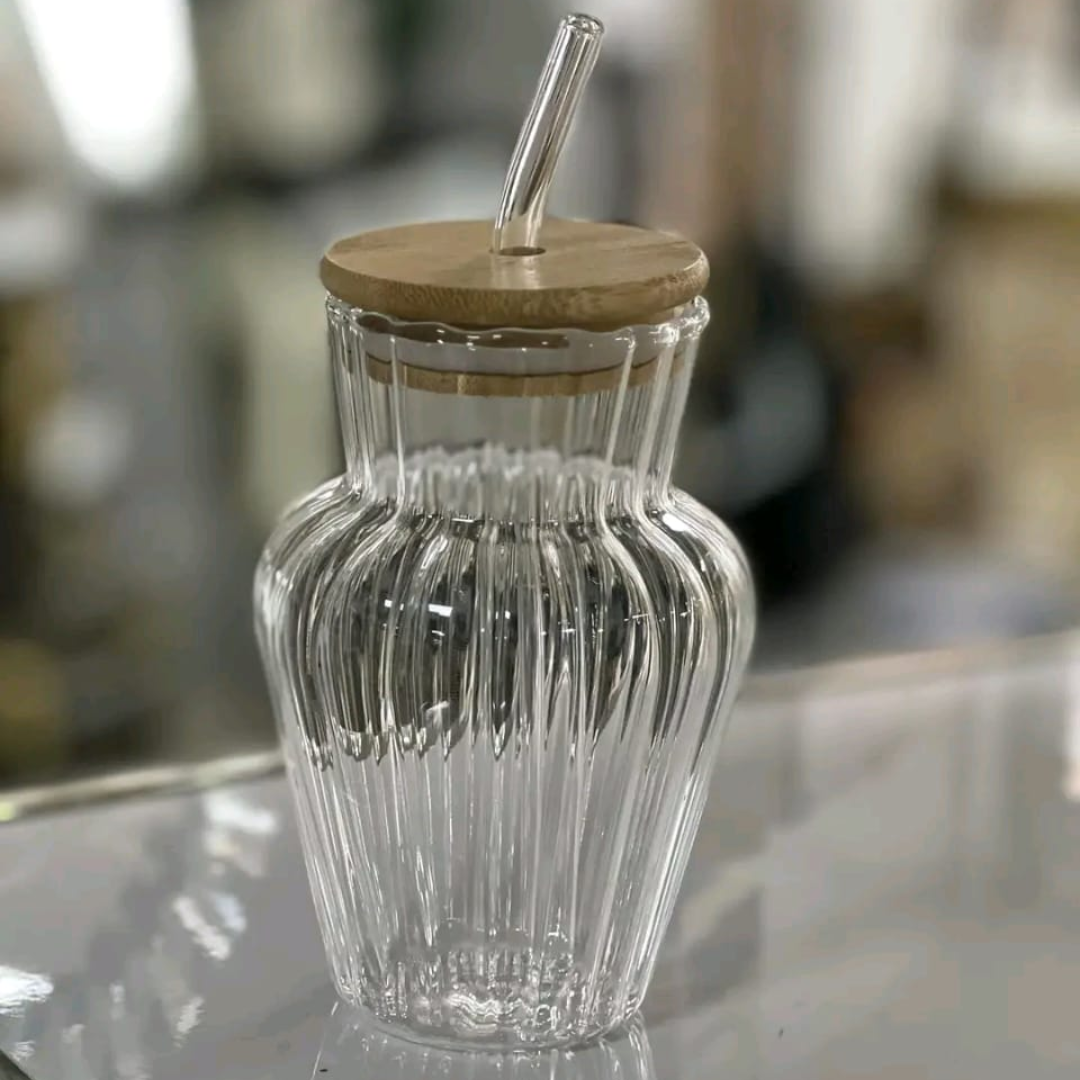VASO CON TAPA Y PITILLO DE VIDRIO CUELLO ALTO