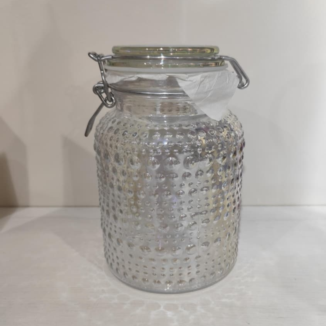ENVASE DE VIDRIO CON TAPA Y TEXTURA DE CIRCULOS TORNASOL TALLA S