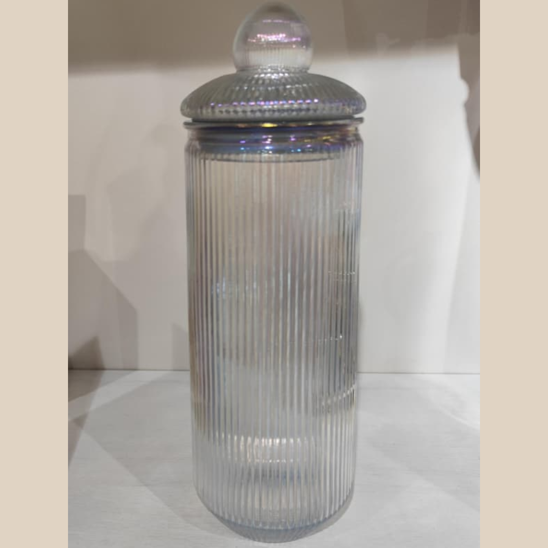 ENVASE DE VIDRIO CON TAPA Y TEXTURA DE LINEAS TORNASOL TALLA M