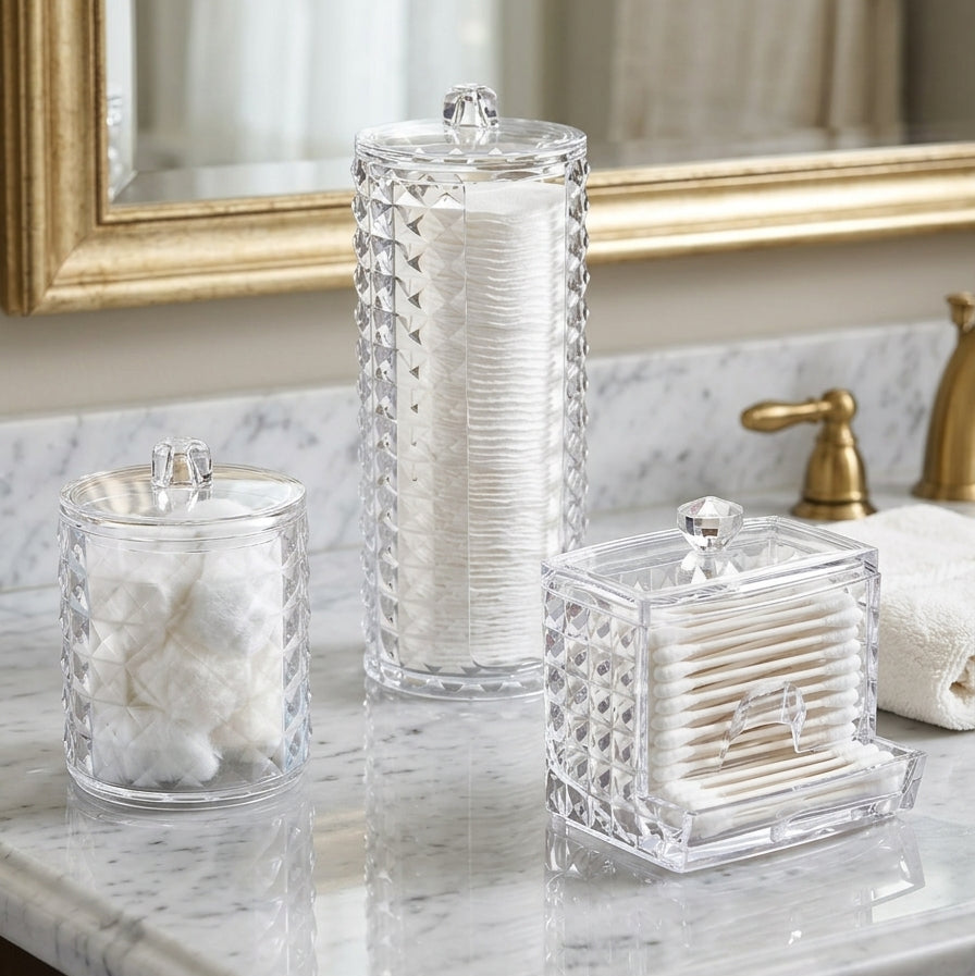SET DE 3 ORGANIZADORES TRANSPARENTES DE ACRÍLICO PARA HISOPOS Y ALGODÓN