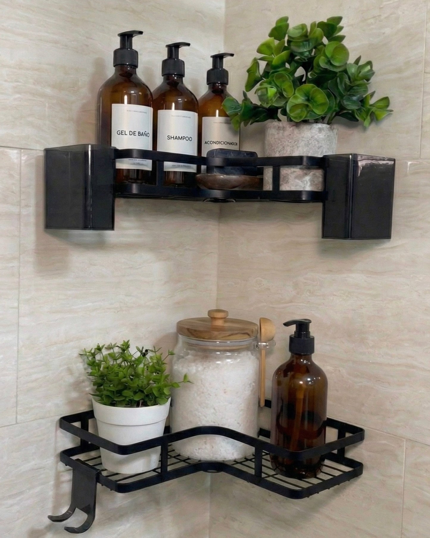 SET DE 2 ESTANTE ESQUINERO DE BAÑO NEGRO CON ACCESORIOS