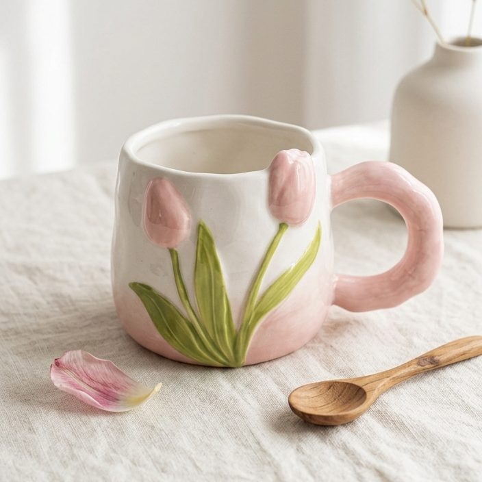 TAZA BLANCA CON TULIPANES ROSADOS 3D