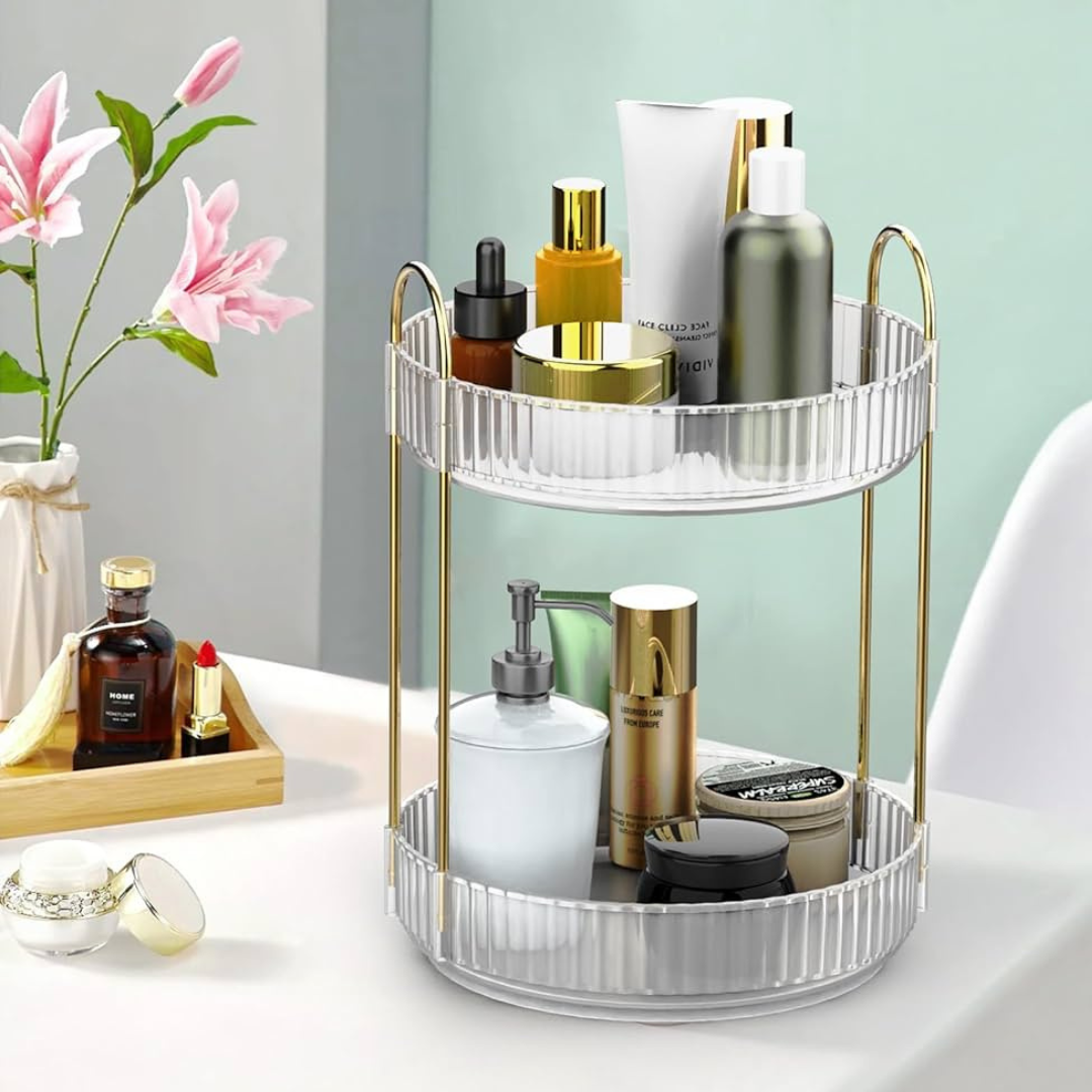 VANITY ORGANIZADOR DE 2 NIVELES GIRATORIO CON PALITOS DORADOS