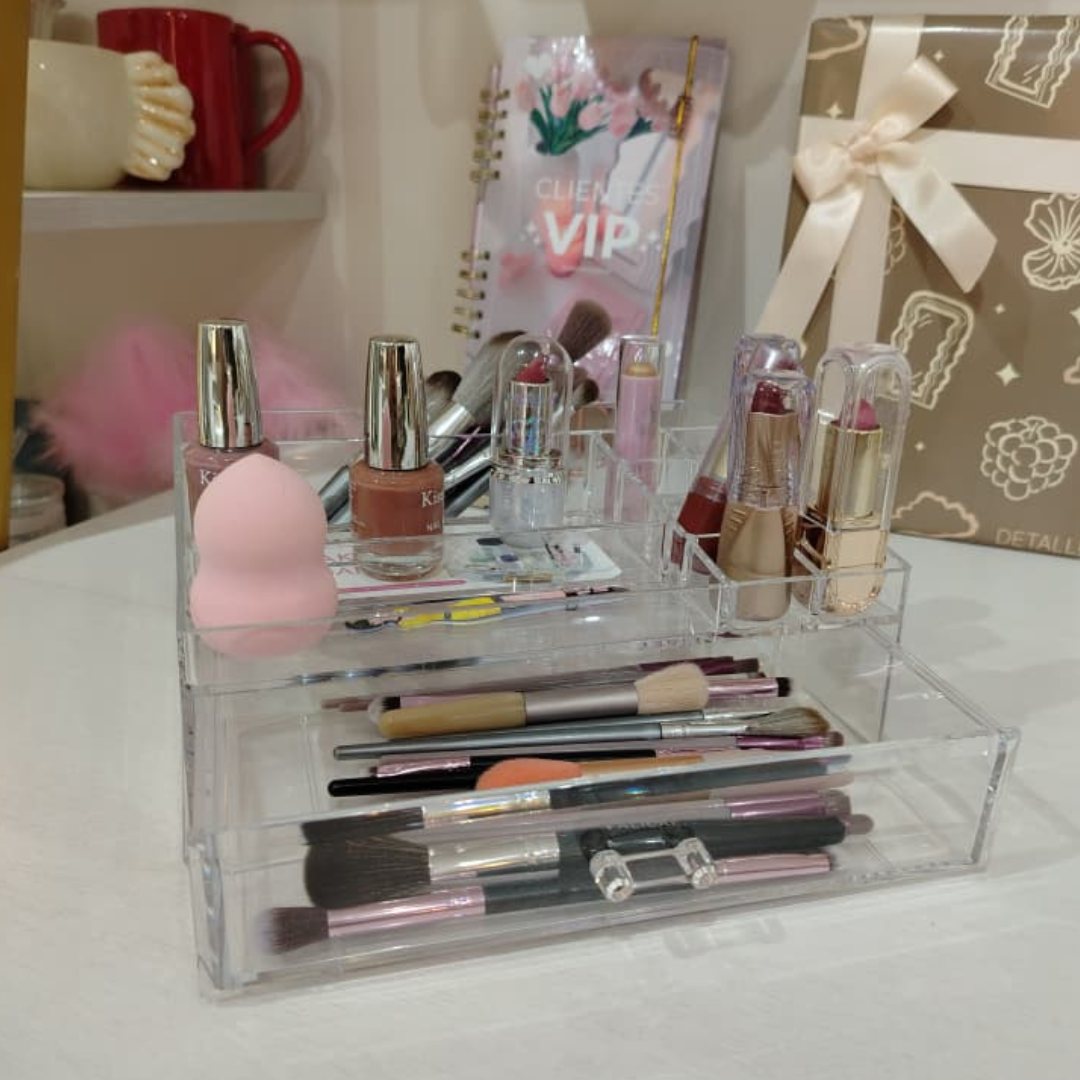 ORGANIZADOR DE ACRILICO CON 1 GAVETA PARA LABIALES Y MAQUILLAJE