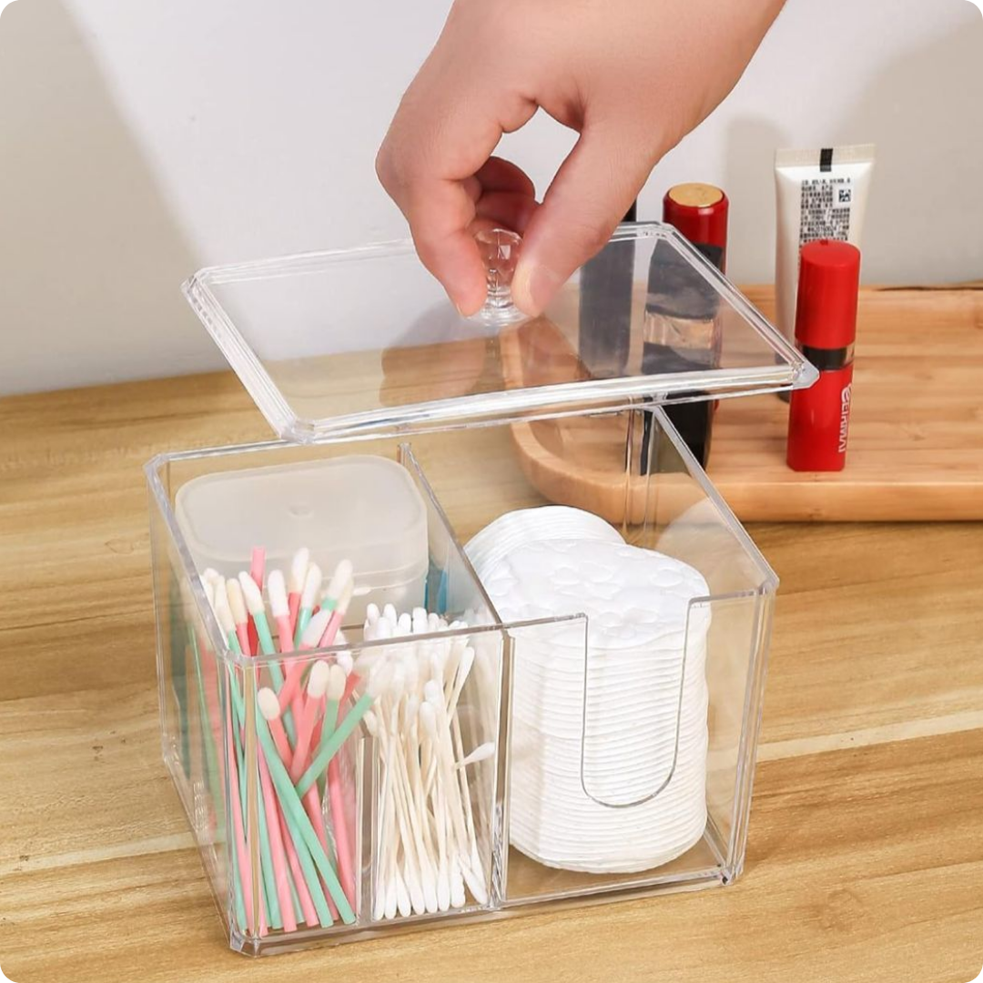 ORGANIZADOR DE ACRÍLICO PARA HISOPOS Y ALGODON PEQUEÑO CON TAPA