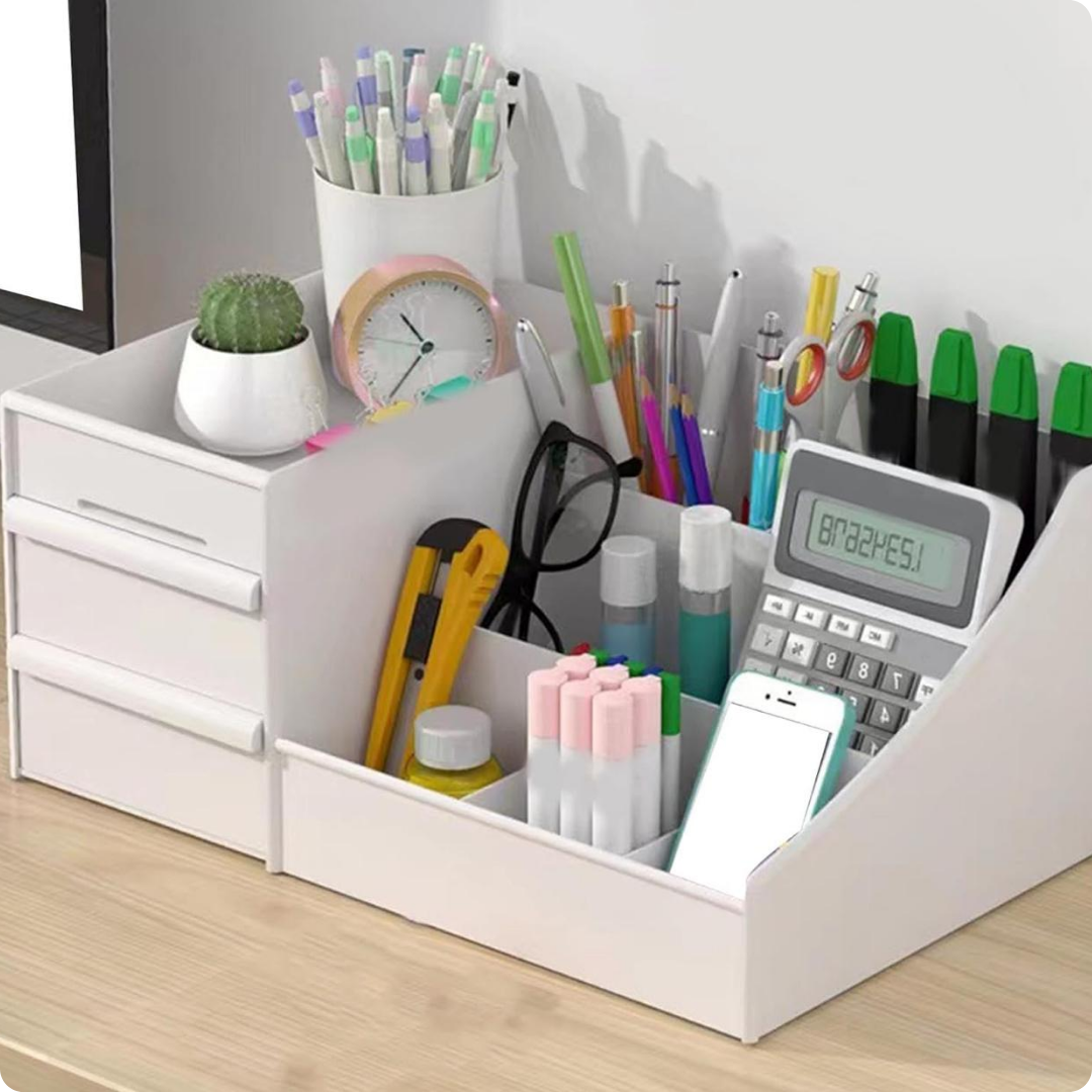 ORGANIZADOR DE ESCRITORIO BLANCO PLÁSTICO CON GAVETAS