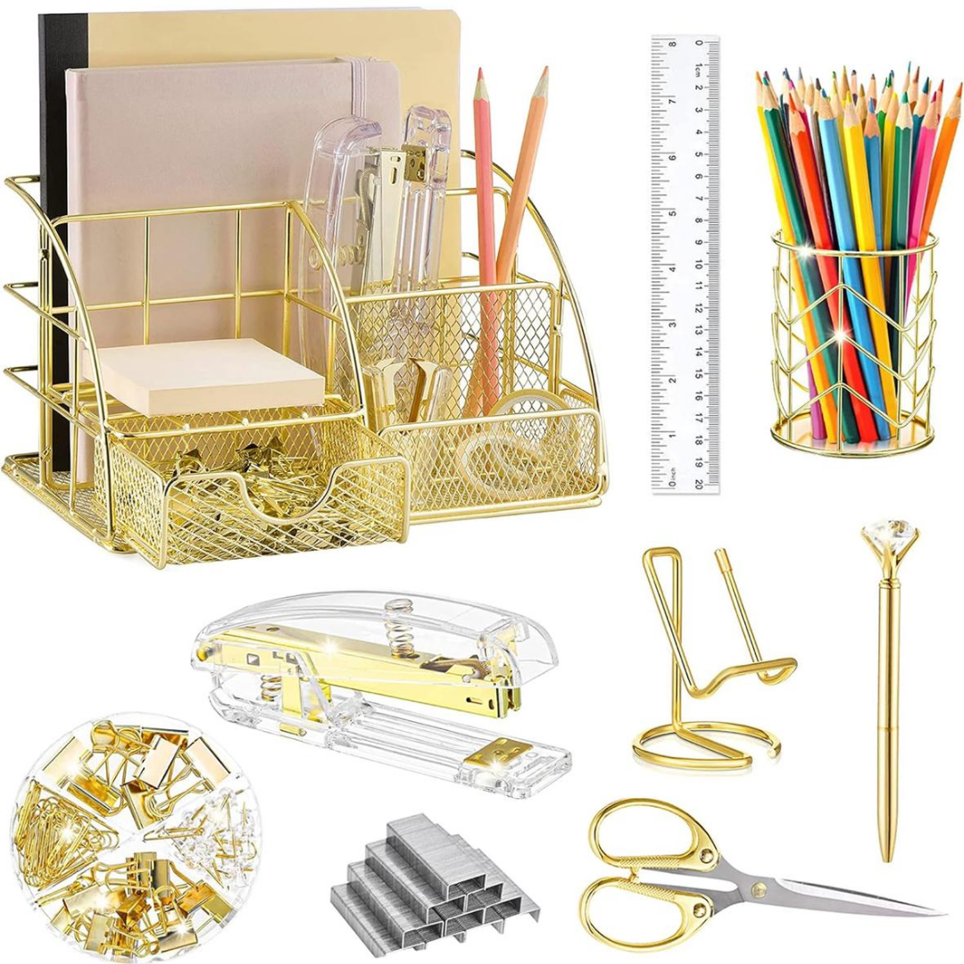 ORGANIZADOR DE ESCRITORIO OFICINA 12 PIEZAS DORADO