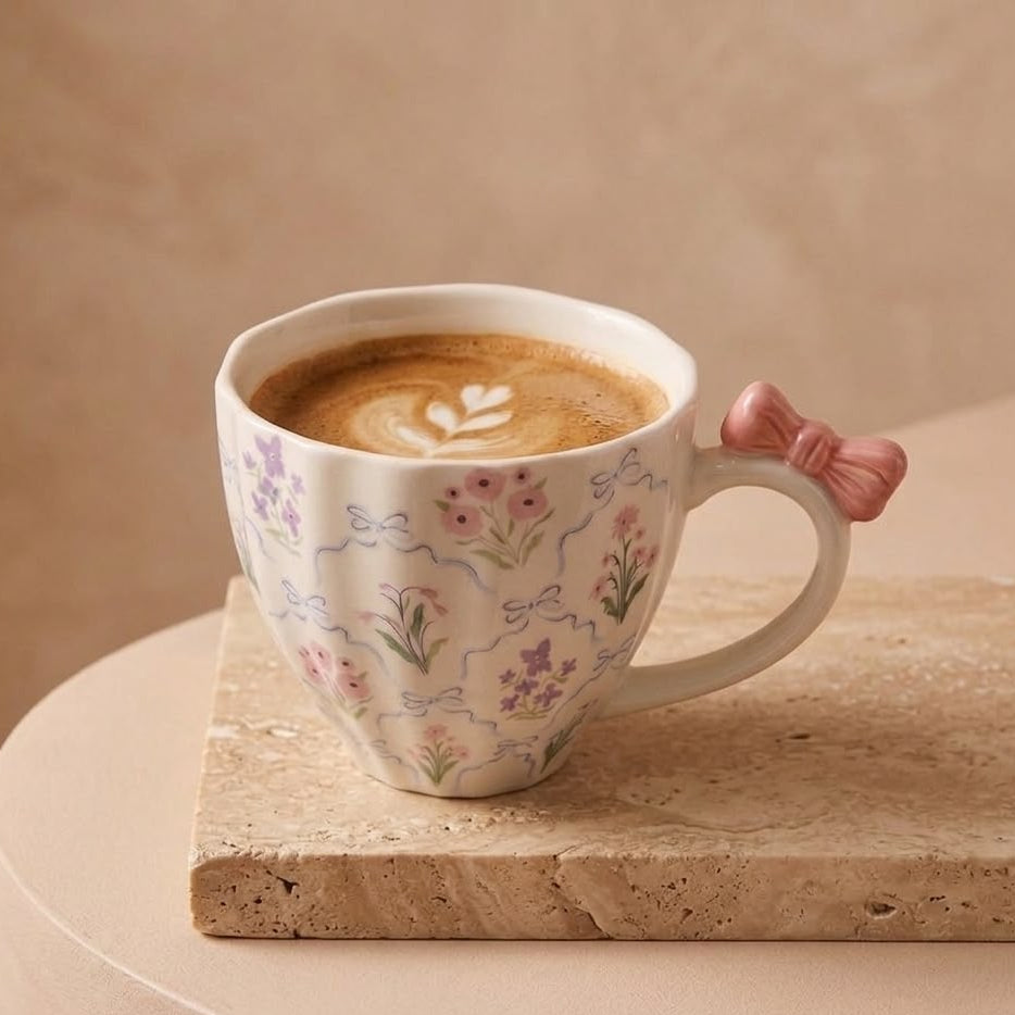 TAZA BLANCA DE FLORES CON LAZO ROSADO EN EL ASA