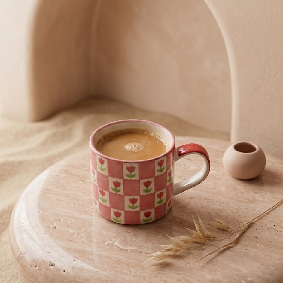 TAZA CON TULIPANES ROJOS