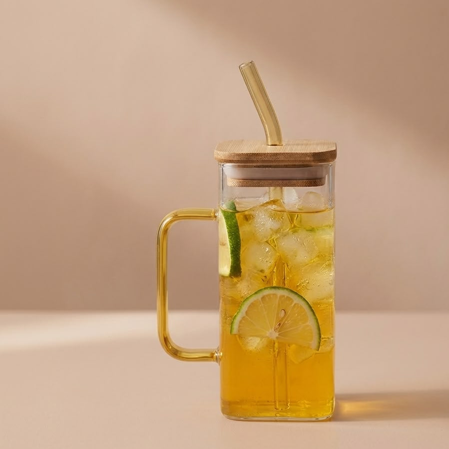VASO CUADRADO FINITO CON TAPA DE MADERA Y PITILLO