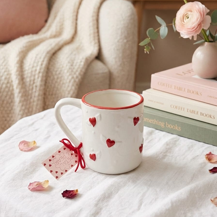 TAZA BLANCA CON ESTAMPADO DE CORAZONES CON ALITAS