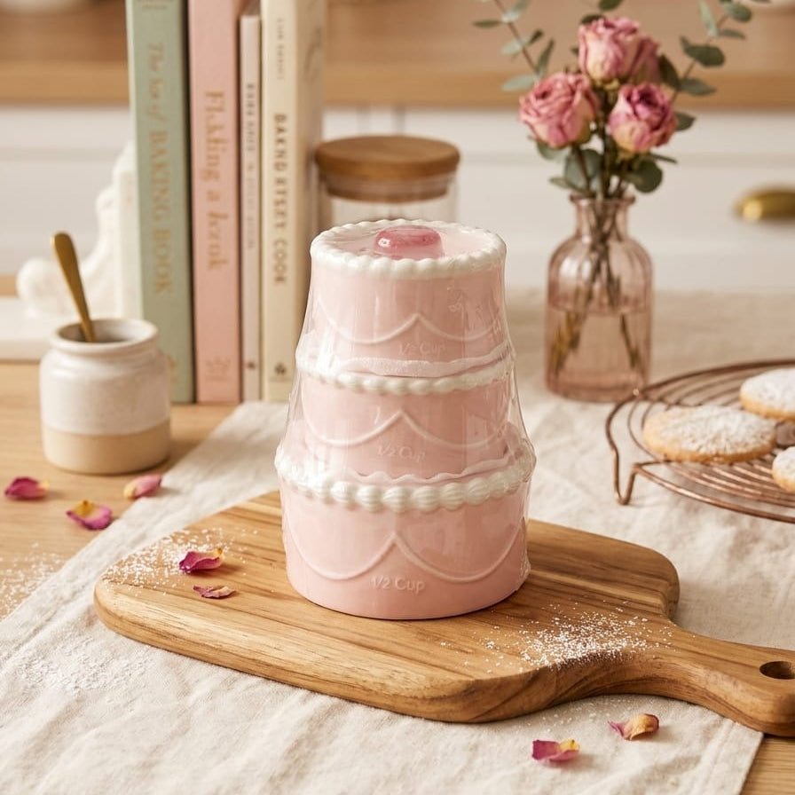 SET DE 3 TAZAS MEDIDORAS ROSADO ESTILO TORTA