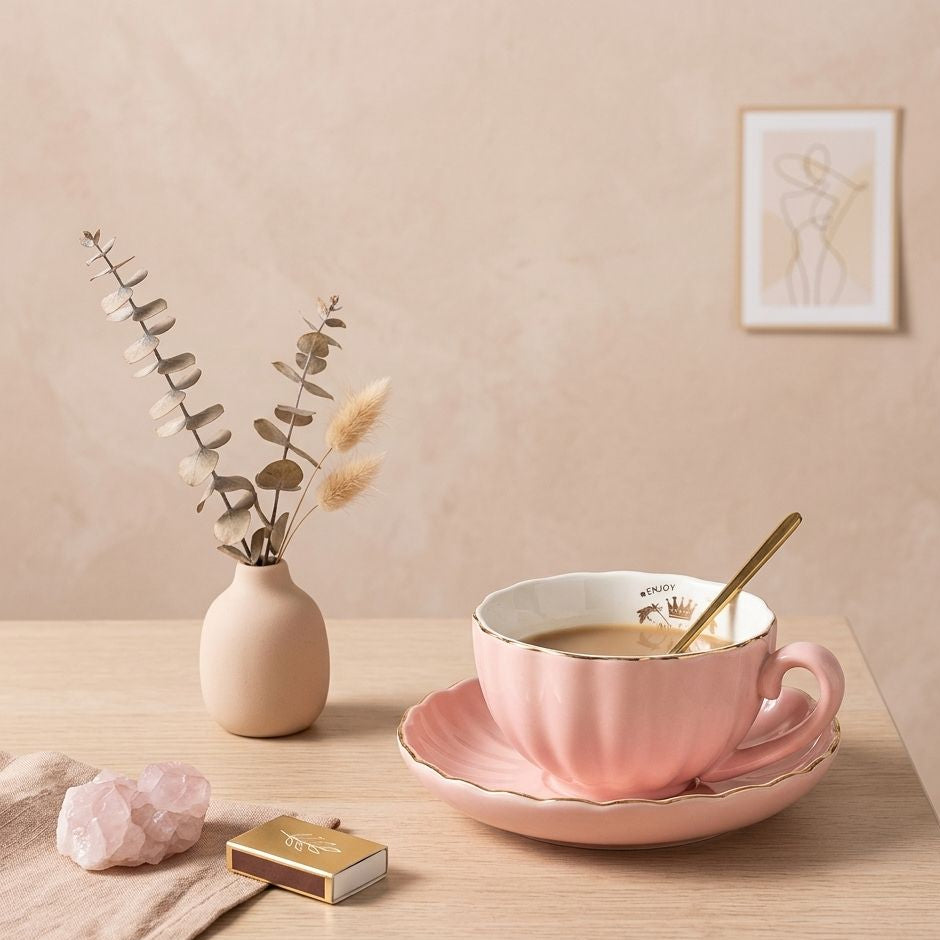 TAZA DE LINEAS CON PLATO Y CUCHARA BLANCA Y ROSADA
