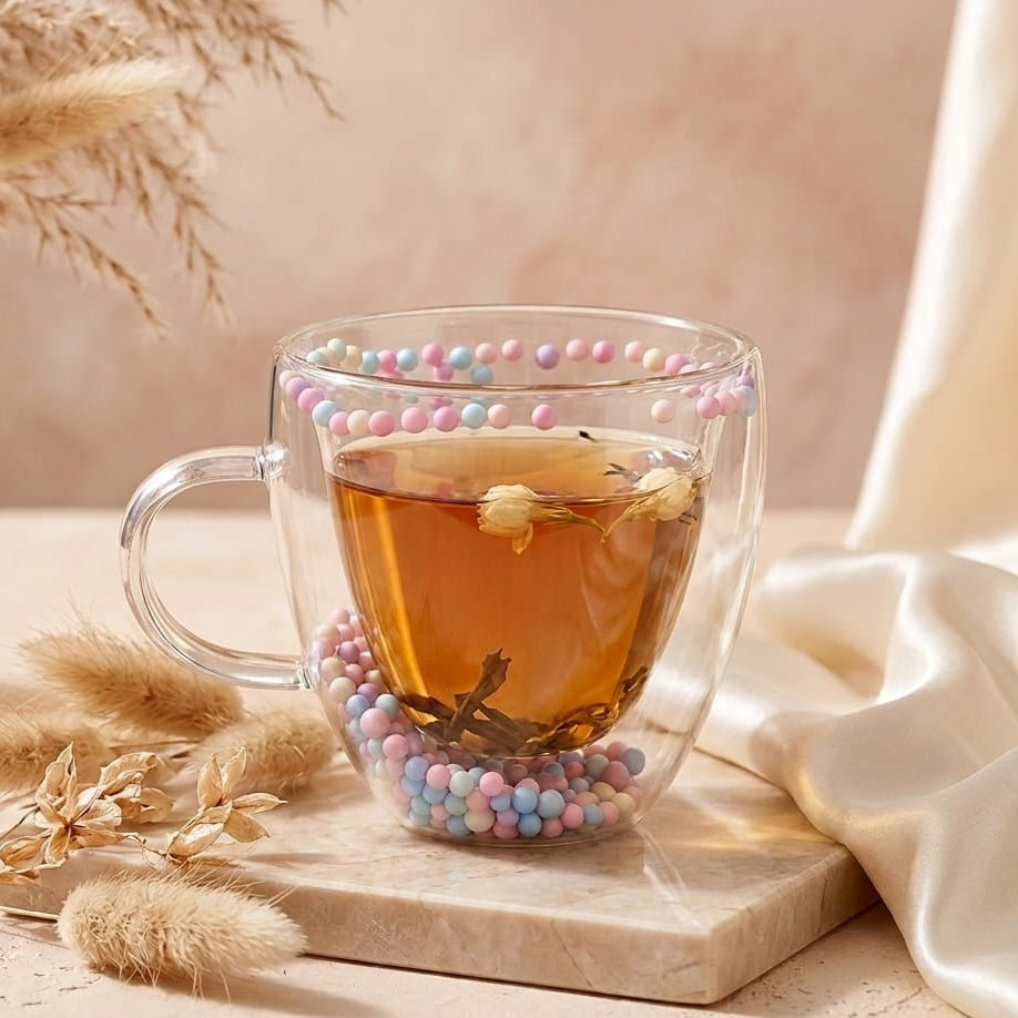 TAZA DE VIDRIO TRANSPARENTE DOBLE CAPA CON PELOTITAS DE COLORES EN EL FONDO