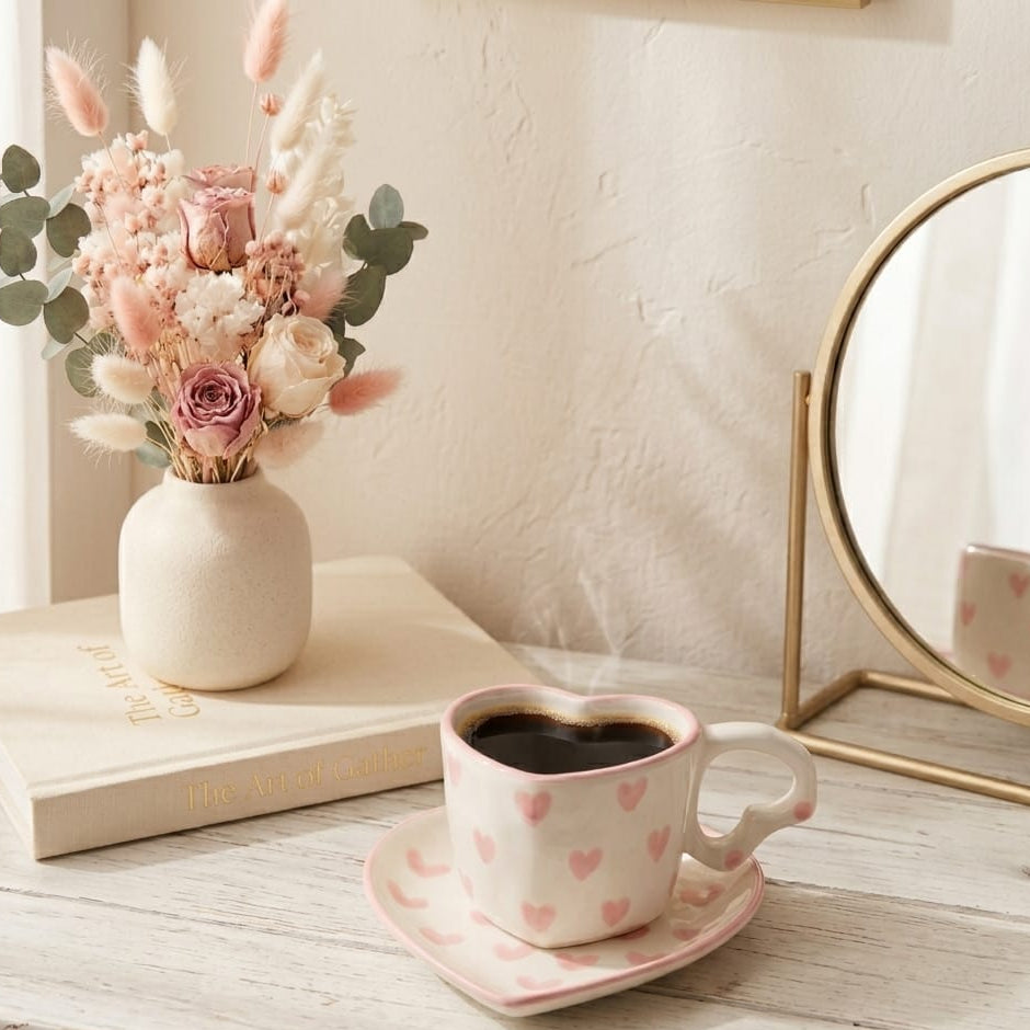 TAZA CON PLATO CON FORMA DE CORAZON Y CORAZONES ROSADOS