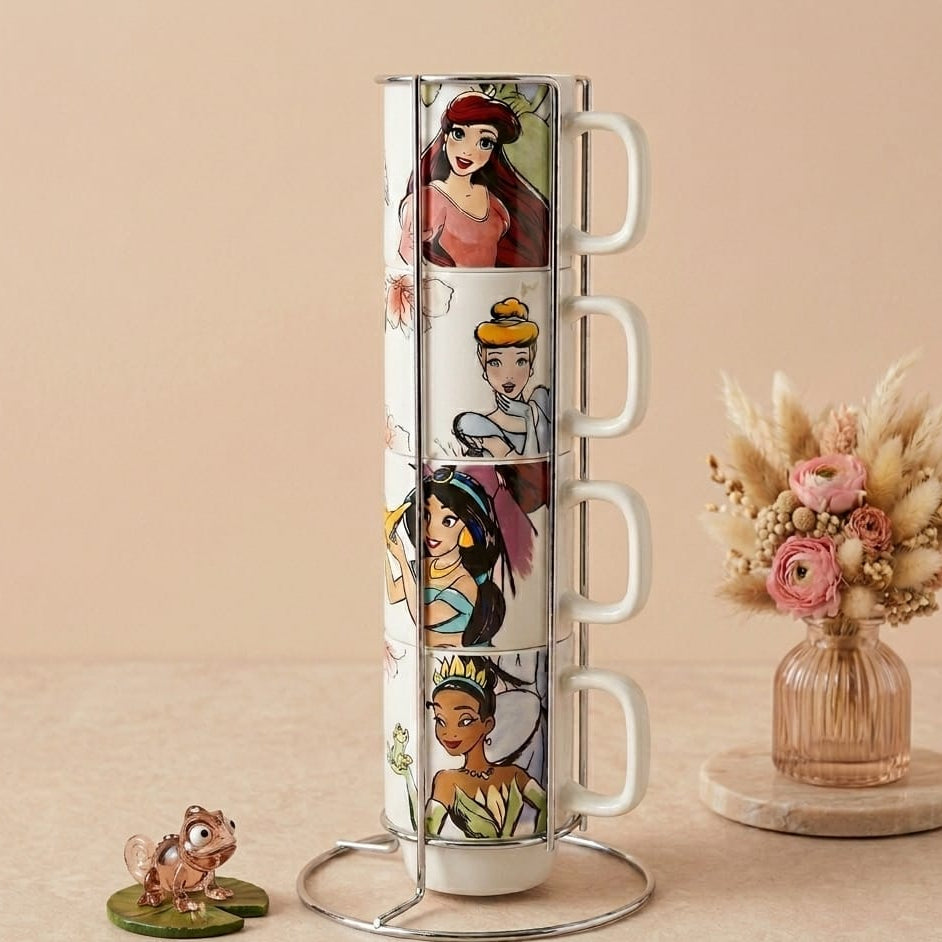 JUEGO DE 4 TAZAS DE DISEÑOS ANIMADOS CON BASE METALICA VERTICAL
