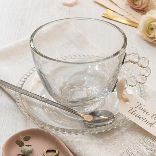 TAZA ELEGANTE TRANSPARENTE CON PLATO Y CUCHARA