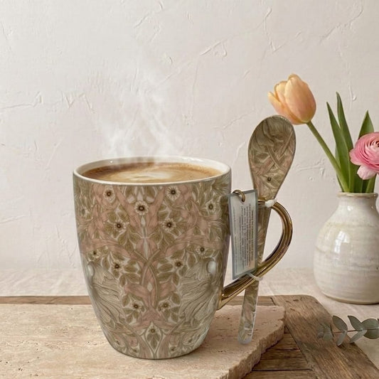 TAZA COLOR NUDE CON FLORES Y CUCHARITA