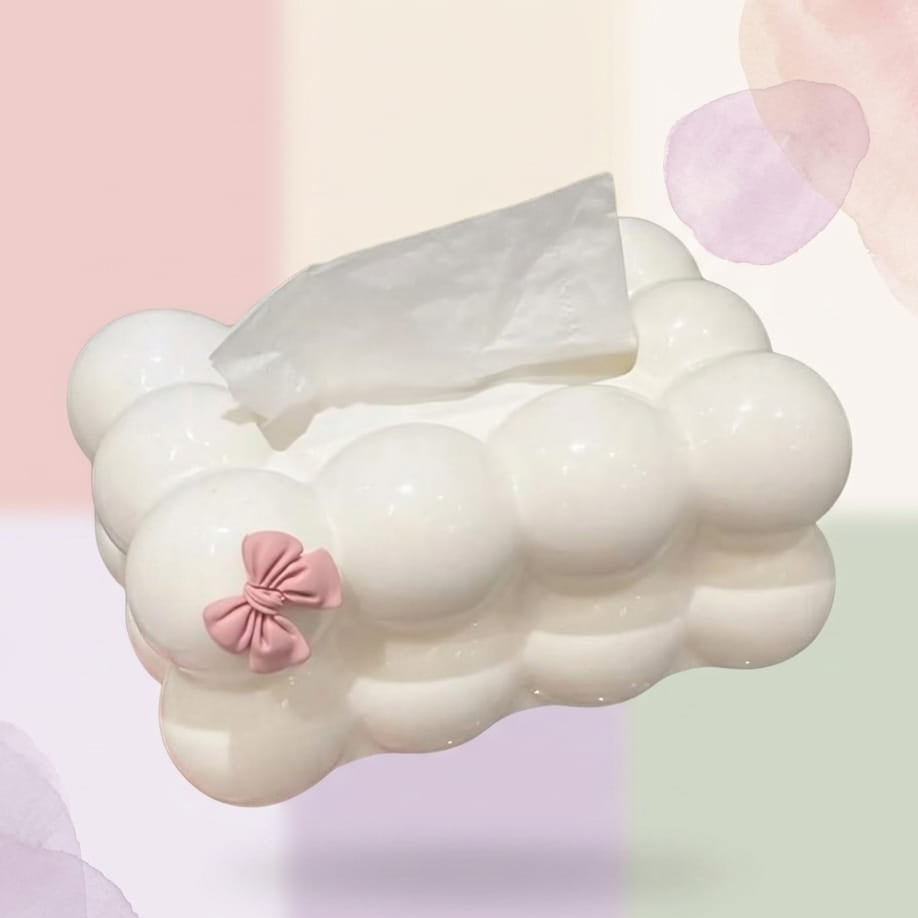 ENVASE PARA SERVILLETAS DE CIRCULOS COLOR BLANCO CON LAZO ROSADO