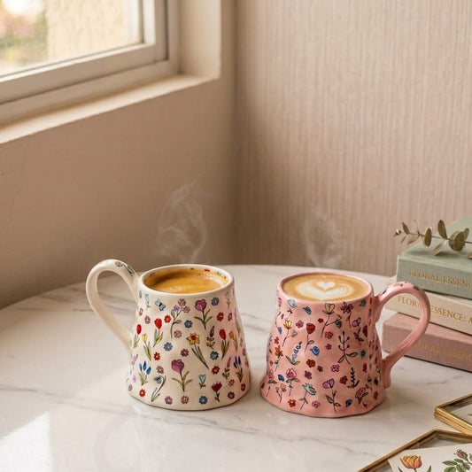 TAZA DE FLORECITAS MODELO NUEVO BLANCA Y ROSADA