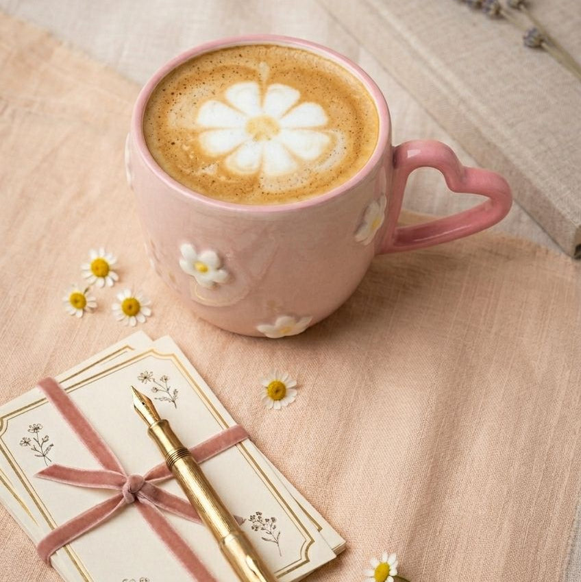 TAZA ROSADA DE FLORES BLANCAS Y ASA DE CORAZON
