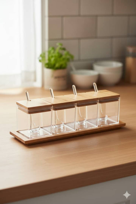 SET DE 4 CONDIMENTEROS ACRILICOS TAPA BAMBÚ RECTANGULAR CON TABLITA