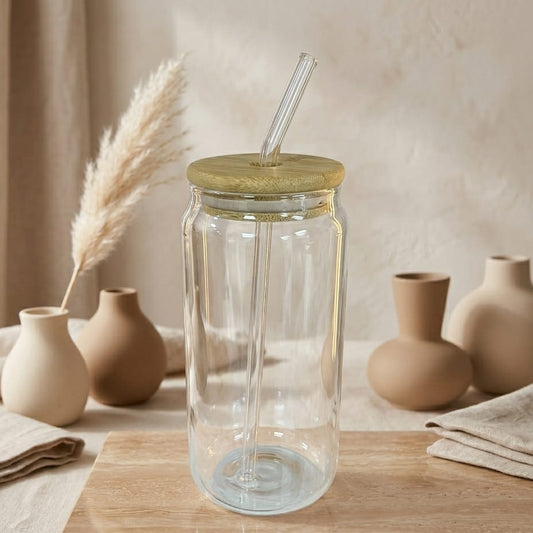 VASO DE VIDRIO REDONDO CON TAPA DE MADERA Y PITILLO GRANDE