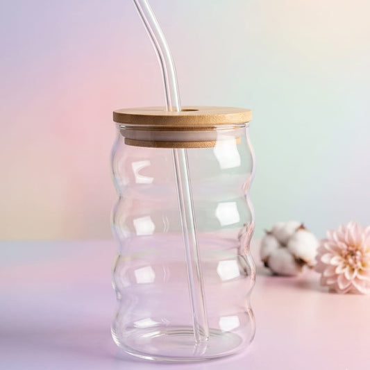 VASO DE VIDRIO CON 4 ONDAS DE TAPA DE MADERA Y PITILLO