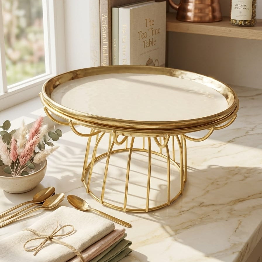 SOPORTE ALTO DE LINEAS DORADAS CON PLATO BEIGE CON BORDES DORADOS