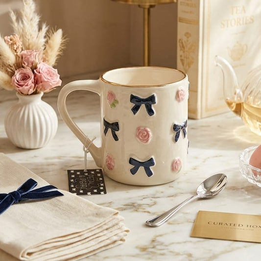 TAZA BLANCA CON ROSAS Y LAZOS NEGROS