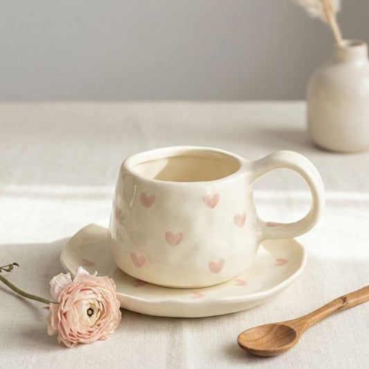 TAZA CON PLATO BLANCA DE CORAZONES ROSADOS