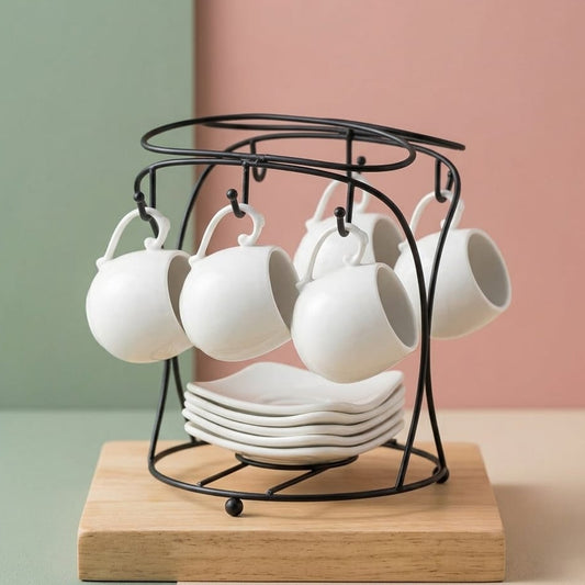 JUEGO DE 6 TAZAS BLANCAS DE CAFÉ CON PLATO Y BASE PARA COLGAR DE ANABELLE