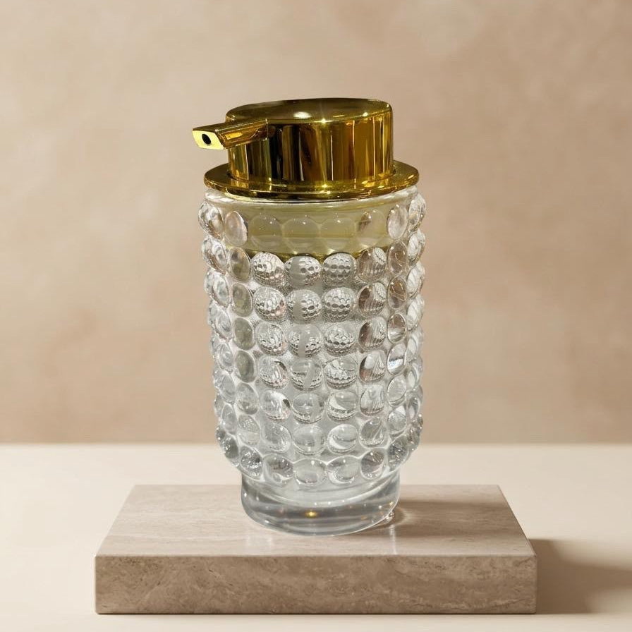 DISPENSADOR DE VIDRIO CON TAPA DORADA ELEGANTE