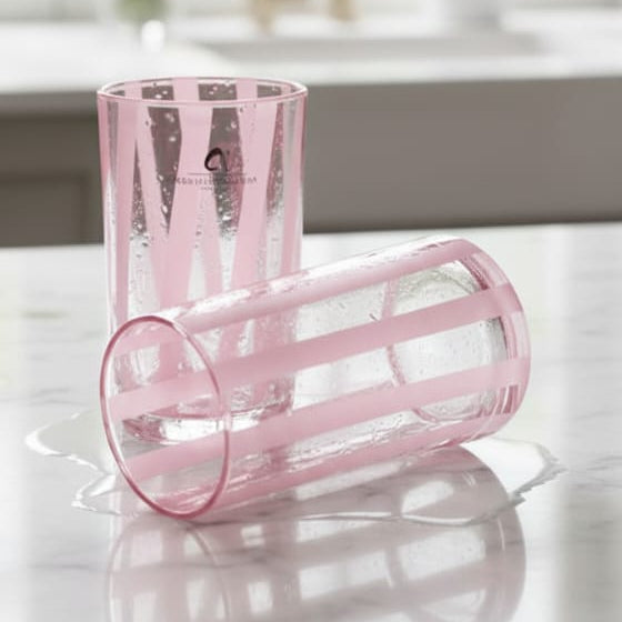 ENVASE DE VIDRIO CON LINEAS ROSADAS IRREGULAR GRANDE