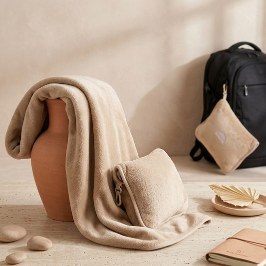 MANTA O COBIJA PARA VIAJE COLOR BEIGE DE AMAZON
