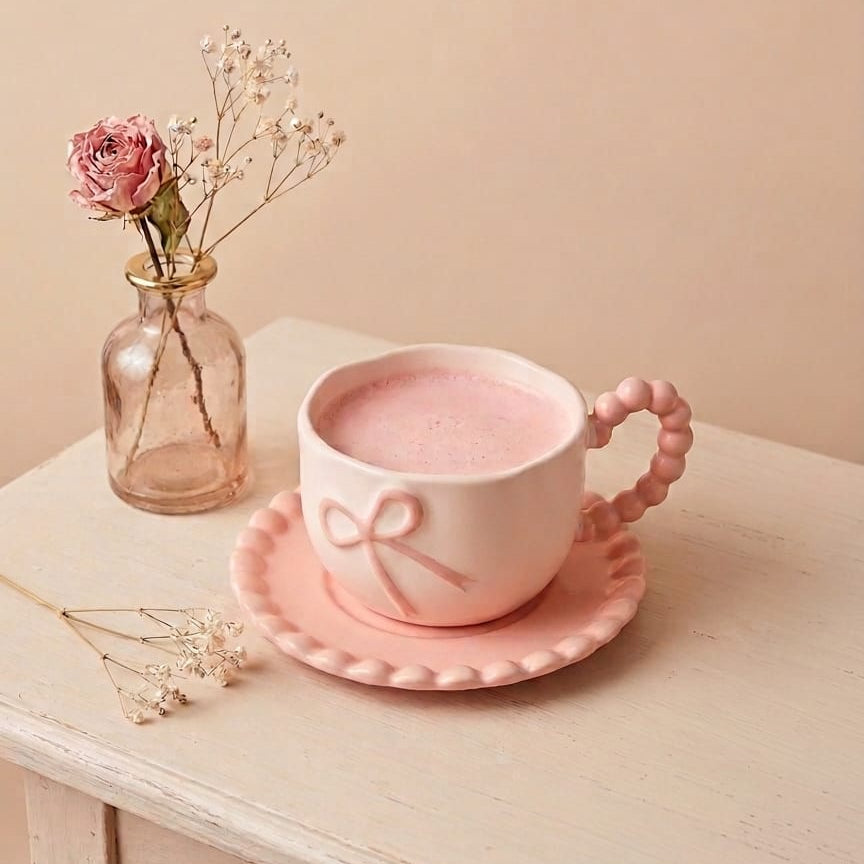 TAZA CON ASA DE PEPITAS ROSADAS Y PLATO CON FORMITAS COLOR ROSADO