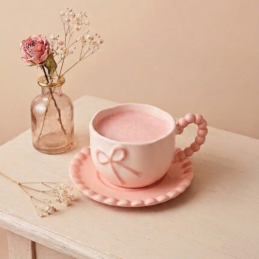 TAZA CON ASA DE PEPITAS ROSADAS Y PLATO CON FORMITAS COLOR ROSADO