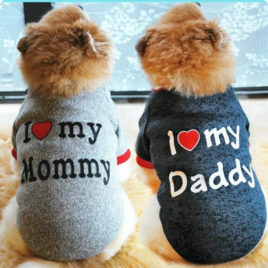ABRIGO I LOVE MOMMY TALLA S Y M GRIS CON ROJO Y I LOVE DADDY TALLA M