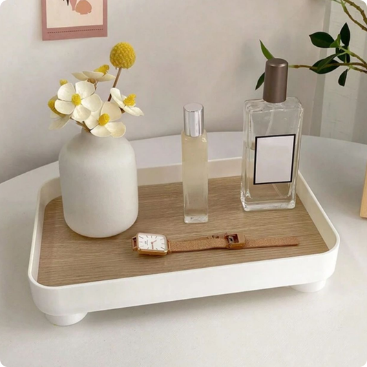 BANDEJA BLANCA CON FONDO DE MADERA RECTANGULAR
