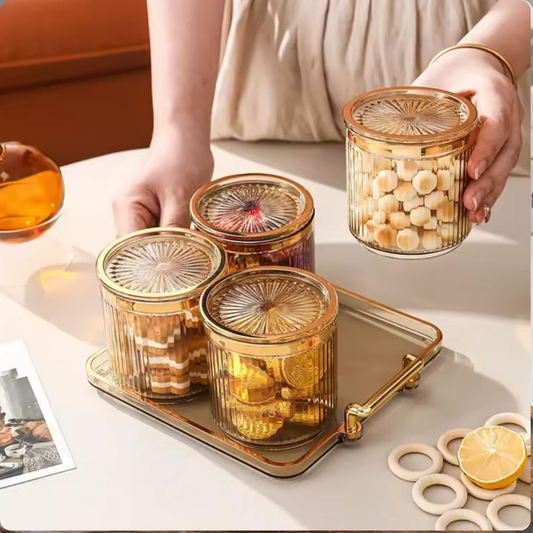 BANDEJA DE 4 FRASCOS ORGANIZADORES DORADOS
