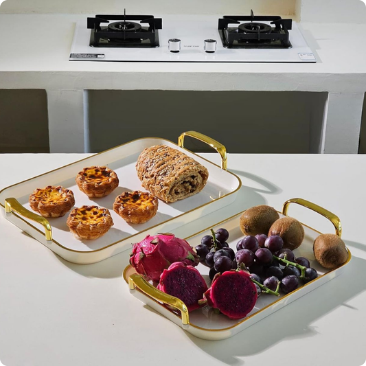 BANDEJA PARA SERVIR RECTANGULAR BLANCAS CON ASAS DORADAS TALLA L