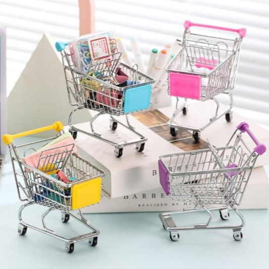 CARRITO DECORATIVO DE MERCADO COLOR ROSADO AZUL Y AMARILLO