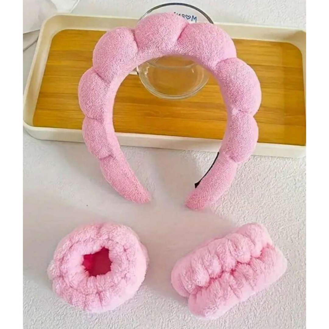 DIADEMA CON MUÑEQUERAS PARA SKINCARE NEGRA, AZUL Y ROJA