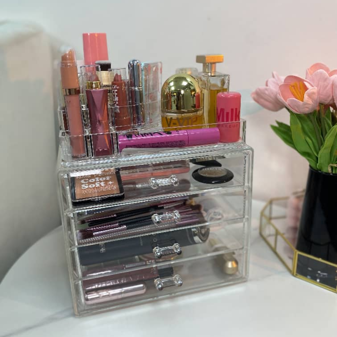 ORGANIZADOR DE ACRILICO CON 4 NIVELES DE GAVETAS PARA LABIALES Y MAQUILLAJE