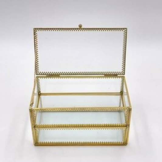 JOYERO CON TAPA PEQUEÑO CON BORDE DORADO DE VIDRIO RECTANGULAR