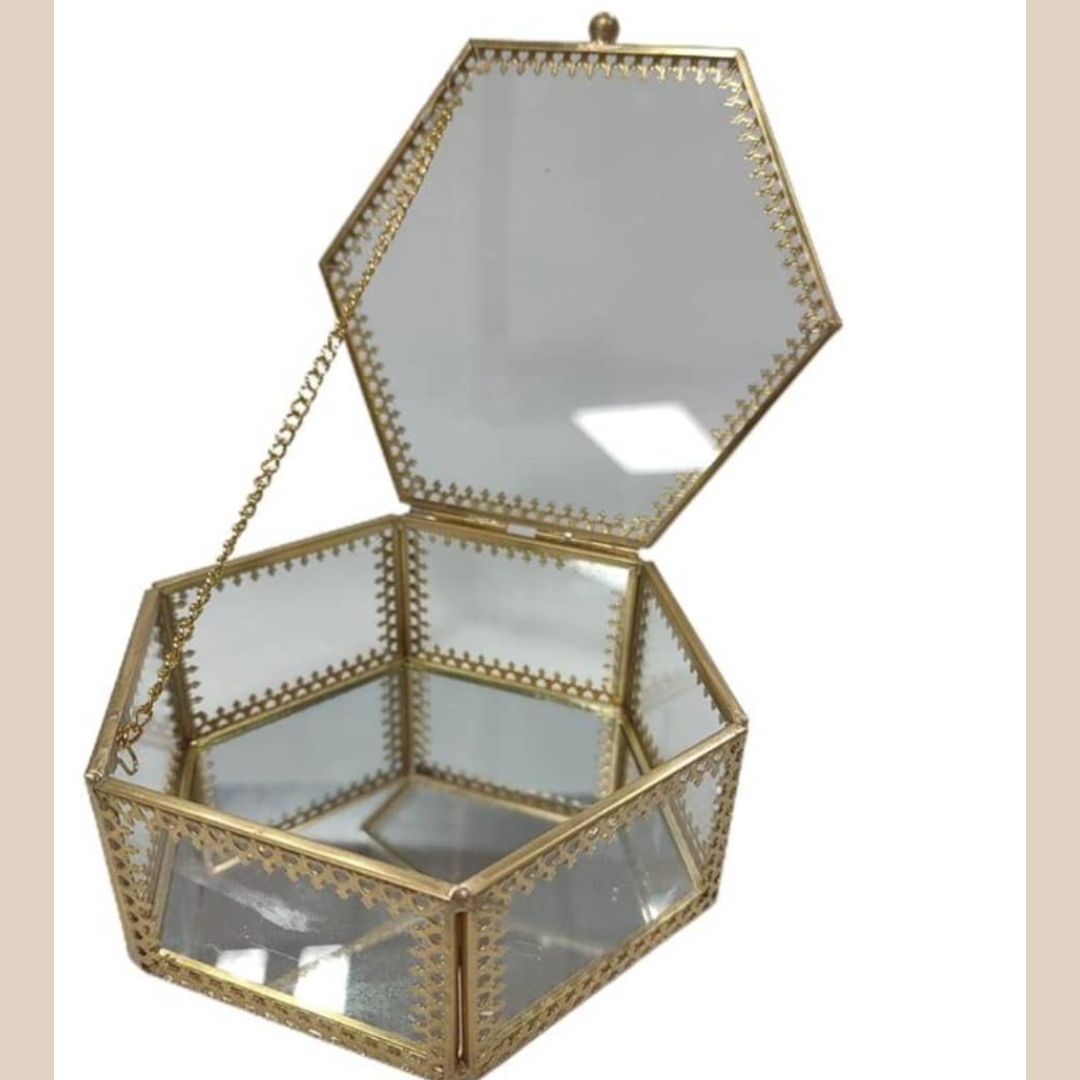 JOYERO CON TAPA PEQUEÑO CON BORDE DORADO DE VIDRIO HEXAGONO